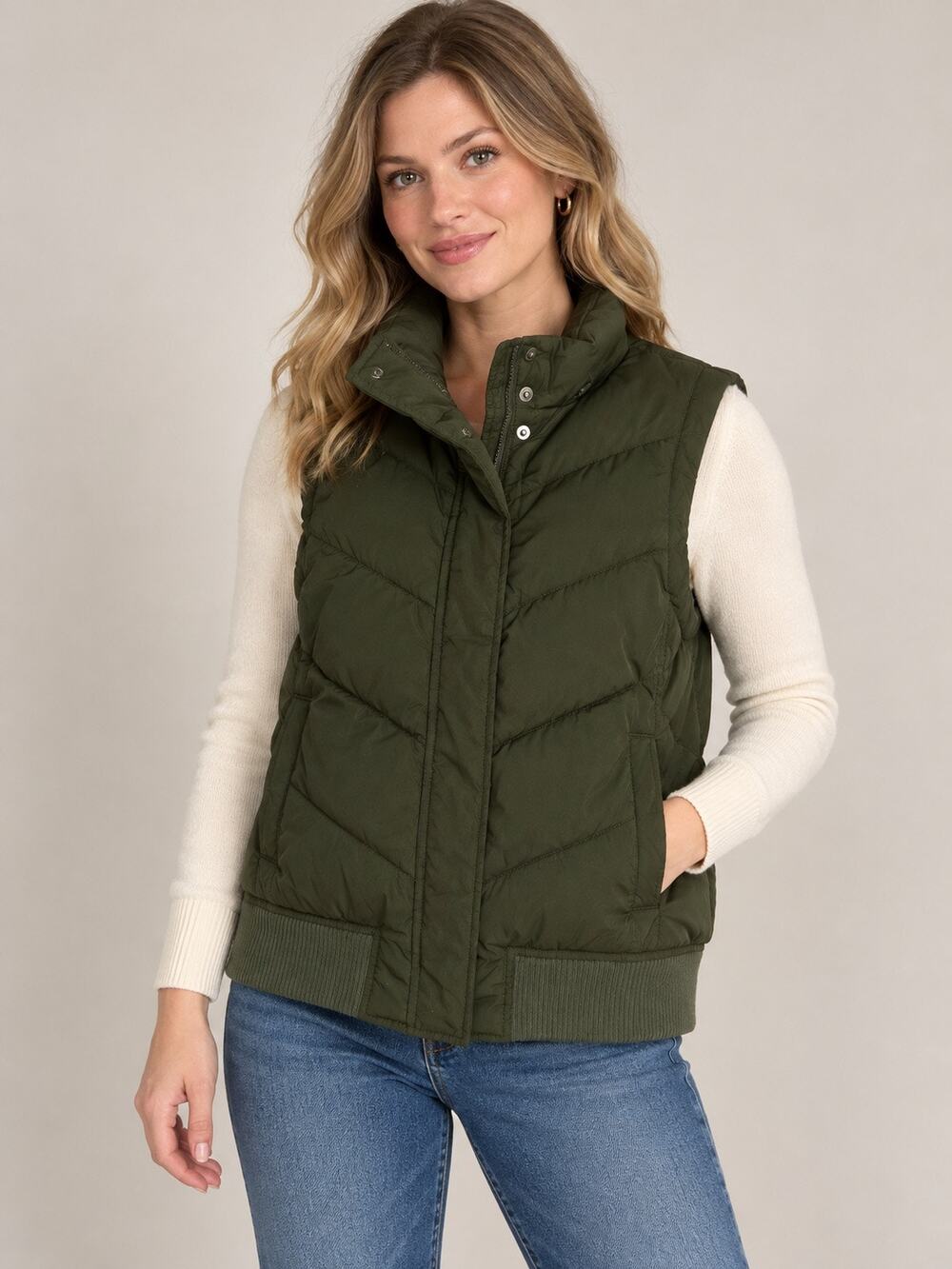 GAP Olive Green Down Puffer Vest Women’s Large Chevron Quilted 2007
